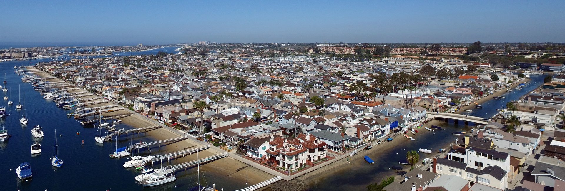 Panorama of Balboa Island and its harborfront homes